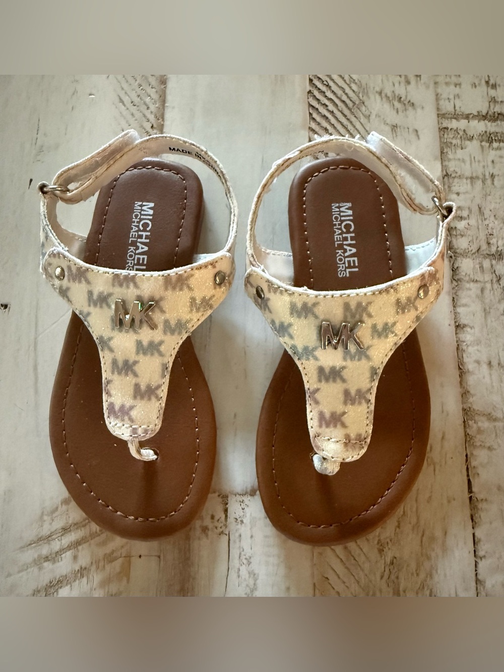 Michael Kors White and Brown Girls' MK Logo Thong Sandals